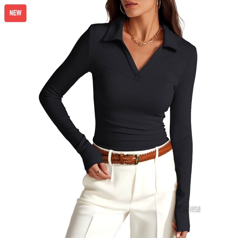 Long Sleeve Polo Shirt Fitted V-Neck Collared Business Casual Top